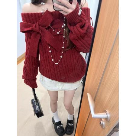 FA51553# 圣诞红色蝴蝶结一字肩长袖毛衣女秋冬加厚内搭慵懒高级感针织上衣 服裝批發女裝批發服飾貨源