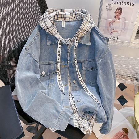 FA51554# 秋冬新款慵懒风设计感假两件连帽牛仔外套女 服裝批發女裝批發服飾貨源