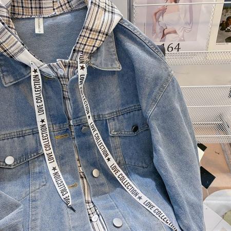 FA51554# 秋冬新款慵懒风设计感假两件连帽牛仔外套女 服裝批發女裝批發服飾貨源