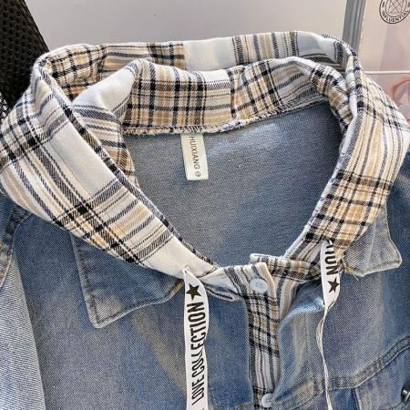 FA51554# 秋冬新款慵懒风设计感假两件连帽牛仔外套女 服裝批發女裝批發服飾貨源