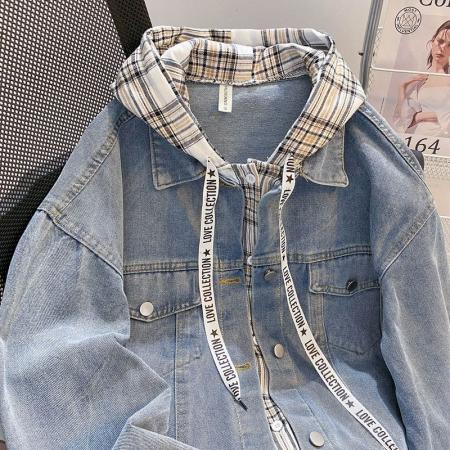 FA51554# 秋冬新款慵懒风设计感假两件连帽牛仔外套女 服裝批發女裝批發服飾貨源