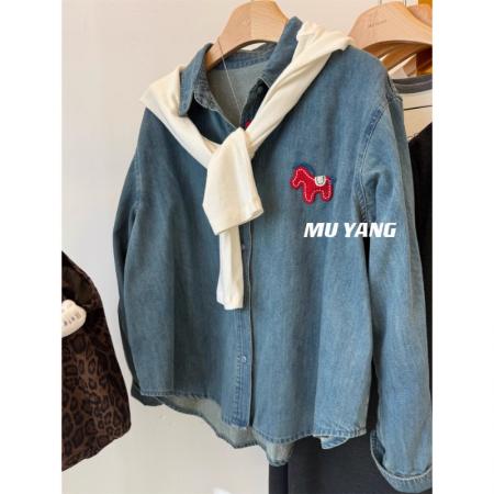 FA51556# 节日氛围元素红马儿牛仔衬衫叠穿水洗料长袖衬衣女冬 服裝批發女裝批發服飾貨源