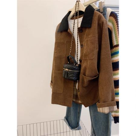 FA51557# 美拉德风穿搭撞色polo领外套女秋冬气质宽松慵懒风灯芯绒夹克大衣 服裝批發女裝批發服飾貨源