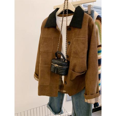 FA51557# 美拉德风穿搭撞色polo领外套女秋冬气质宽松慵懒风灯芯绒夹克大衣 服裝批發女裝批發服飾貨源