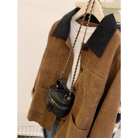 FA51557# 美拉德风穿搭撞色polo领外套女秋冬气质宽松慵懒风灯芯绒夹克大衣 服裝批發女裝批發服飾貨源