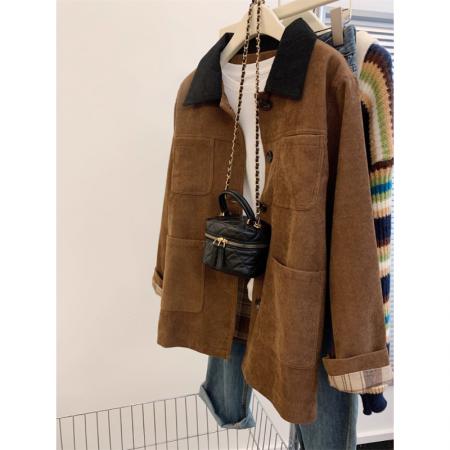 FA51557# 美拉德风穿搭撞色polo领外套女秋冬气质宽松慵懒风灯芯绒夹克大衣 服裝批發女裝批發服飾貨源