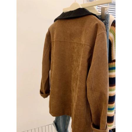 FA51557# 美拉德风穿搭撞色polo领外套女秋冬气质宽松慵懒风灯芯绒夹克大衣 服裝批發女裝批發服飾貨源