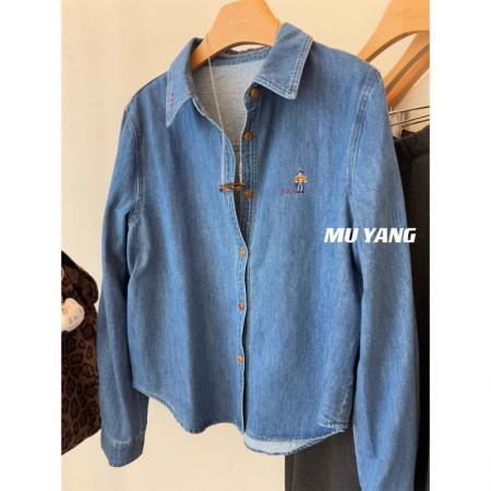 FA51558# 无限耐看韩国水洗刺绣小人拉绒牛仔衬衫叠穿秋冬衬衣 服裝批發女裝批發服飾貨源