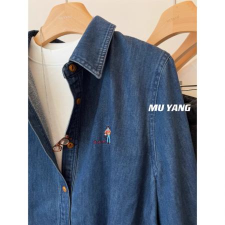 FA51558# 无限耐看韩国水洗刺绣小人拉绒牛仔衬衫叠穿秋冬衬衣 服裝批發女裝批發服飾貨源