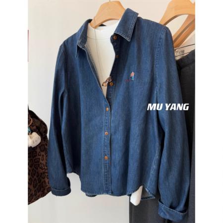 FA51558# 无限耐看韩国水洗刺绣小人拉绒牛仔衬衫叠穿秋冬衬衣 服裝批發女裝批發服飾貨源