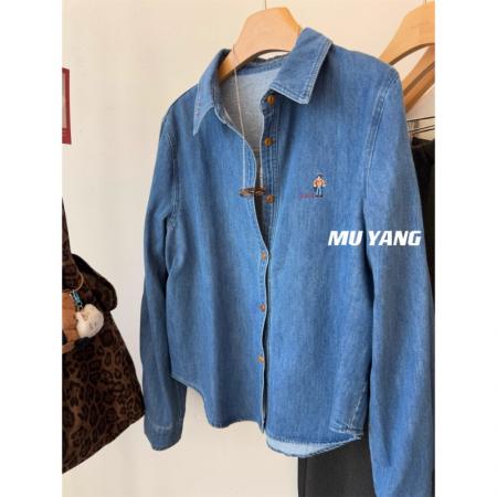 FA51558# 无限耐看韩国水洗刺绣小人拉绒牛仔衬衫叠穿秋冬衬衣 服裝批發女裝批發服飾貨源