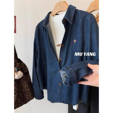 FA51558# 无限耐看韩国水洗刺绣小人拉绒牛仔衬衫叠穿秋冬衬衣 服裝批發女裝批發服飾貨源