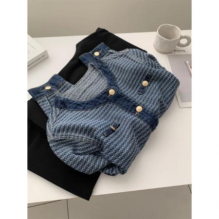 FA51559# 洋气复古小香风牛仔外套女时髦显瘦圆领小金扣短款上衣25秋季开衫 服裝批發女裝批發服飾貨源