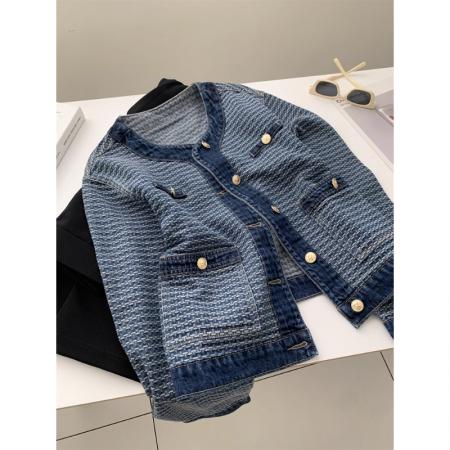 FA51559# 洋气复古小香风牛仔外套女时髦显瘦圆领小金扣短款上衣25秋季开衫 服裝批發女裝批發服飾貨源