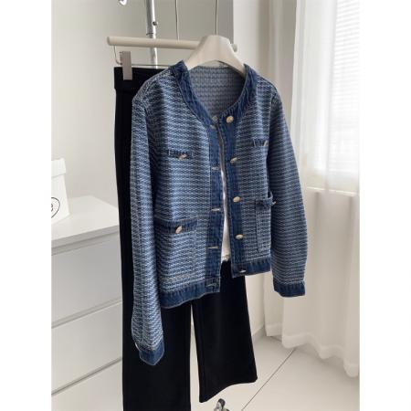 FA51559# 洋气复古小香风牛仔外套女时髦显瘦圆领小金扣短款上衣25秋季开衫 服裝批發女裝批發服飾貨源