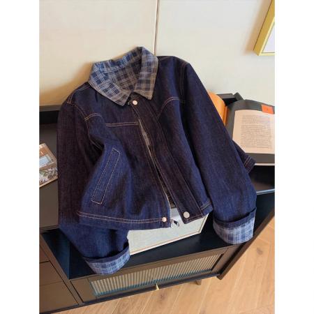 FA51560# 小香风重工蕾丝花边拼接碎花牛仔外套女春秋气质显瘦百搭夹克上衣 服裝批發女裝批發服飾貨源