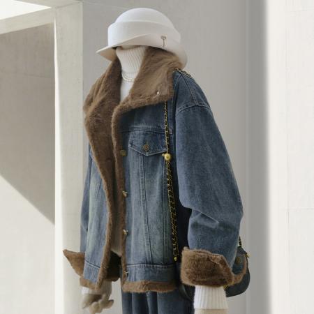 FA51561# 加厚加绒牛仔派克服女冬季新款超洋气高级感仿貂绒保暖外套 服裝批發女裝批發服飾貨源