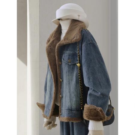 FA51561# 加厚加绒牛仔派克服女冬季新款超洋气高级感仿貂绒保暖外套 服裝批發女裝批發服飾貨源