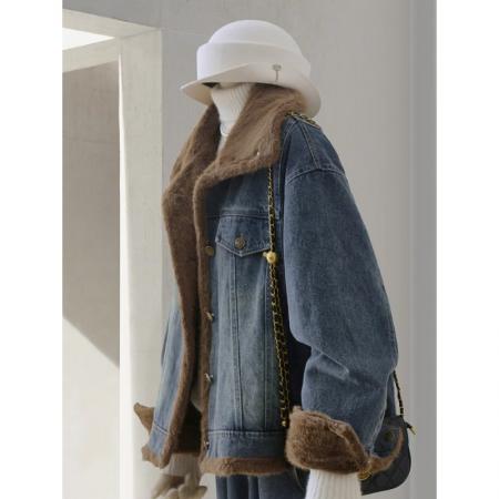 FA51561# 加厚加绒牛仔派克服女冬季新款超洋气高级感仿貂绒保暖外套 服裝批發女裝批發服飾貨源