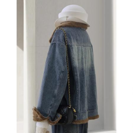 FA51561# 加厚加绒牛仔派克服女冬季新款超洋气高级感仿貂绒保暖外套 服裝批發女裝批發服飾貨源