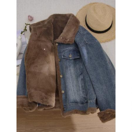 FA51561# 加厚加绒牛仔派克服女冬季新款超洋气高级感仿貂绒保暖外套 服裝批發女裝批發服飾貨源