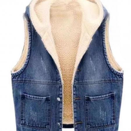 FA51563# 加绒加厚羊羔毛连帽牛仔马甲秋冬新款宽松百搭彩色坎肩马甲外套 服裝批發女裝批發服飾貨源