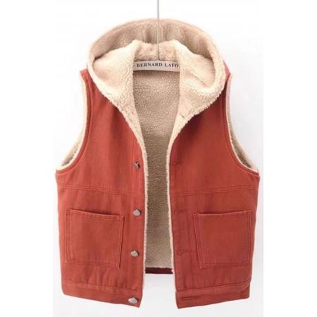 FA51563# 加绒加厚羊羔毛连帽牛仔马甲秋冬新款宽松百搭彩色坎肩马甲外套 服裝批發女裝批發服飾貨源