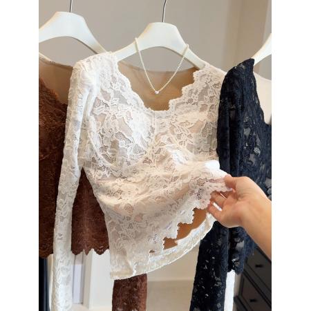 FA51564# 加绒V领性感带胸垫蕾丝打底衫女秋冬辣妹风修身长袖内搭上衣 服裝批發女裝批發服飾貨源