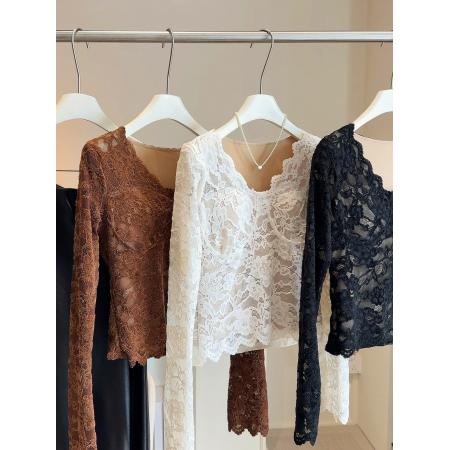 FA51564# 加绒V领性感带胸垫蕾丝打底衫女秋冬辣妹风修身长袖内搭上衣 服裝批發女裝批發服飾貨源