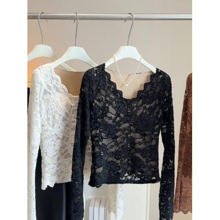 FA51564# 加绒V领性感带胸垫蕾丝打底衫女秋冬辣妹风修身长袖内搭上衣 服裝批發女裝批發服飾貨源