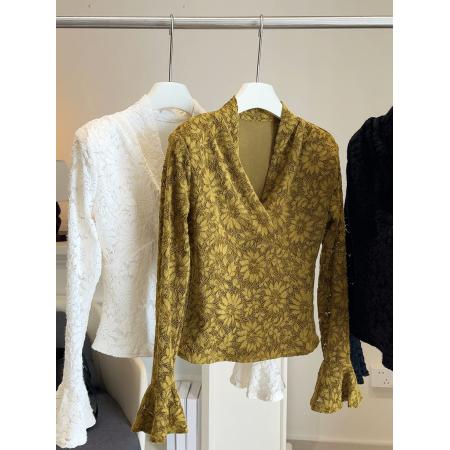 FA51565# 法式气质性感V领喇叭袖加绒加厚蕾丝衫女秋冬百搭修身内搭打底衫 服裝批發女裝批發服飾貨源