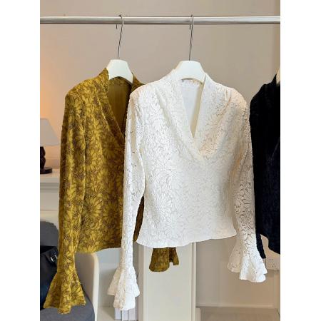 FA51565# 法式气质性感V领喇叭袖加绒加厚蕾丝衫女秋冬百搭修身内搭打底衫 服裝批發女裝批發服飾貨源