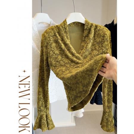 FA51565# 法式气质性感V领喇叭袖加绒加厚蕾丝衫女秋冬百搭修身内搭打底衫 服裝批發女裝批發服飾貨源