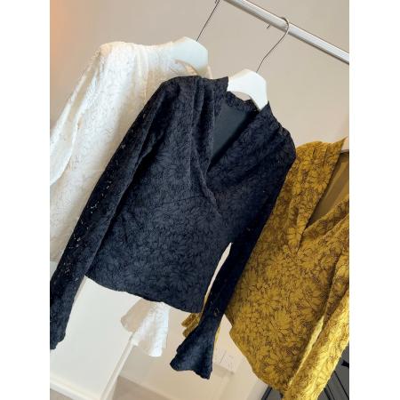 FA51565# 法式气质性感V领喇叭袖加绒加厚蕾丝衫女秋冬百搭修身内搭打底衫 服裝批發女裝批發服飾貨源