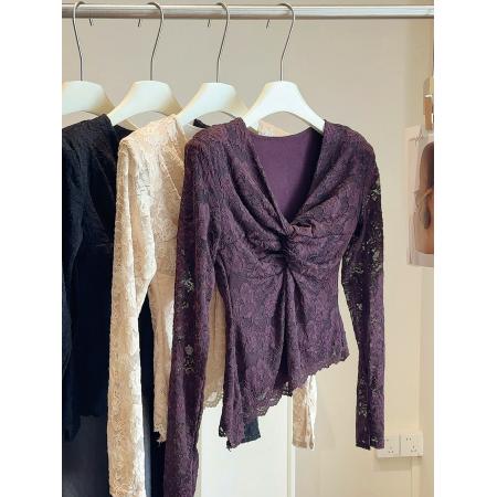 FA51566# 加绒加厚纯欲设计感扭结V领不规则蕾丝衫女秋冬修身显瘦内搭打底 服裝批發女裝批發服飾貨源