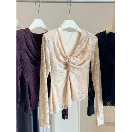 FA51566# 加绒加厚纯欲设计感扭结V领不规则蕾丝衫女秋冬修身显瘦内搭打底 服裝批發女裝批發服飾貨源