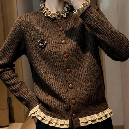 FA51567# 咖色木耳边针织开衫女士秋冬新款洋气显瘦内搭减龄上衣 服裝批發女裝批發服飾貨源