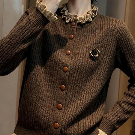 FA51567# 咖色木耳边针织开衫女士秋冬新款洋气显瘦内搭减龄上衣 服裝批發女裝批發服飾貨源