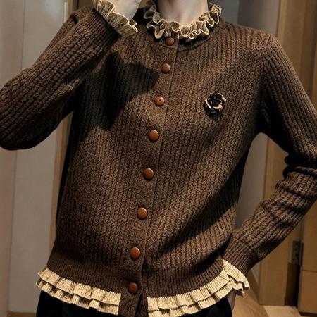 FA51567# 咖色木耳边针织开衫女士秋冬新款洋气显瘦内搭减龄上衣 服裝批發女裝批發服飾貨源