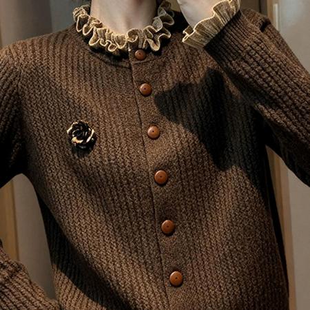 FA51567# 咖色木耳边针织开衫女士秋冬新款洋气显瘦内搭减龄上衣 服裝批發女裝批發服飾貨源