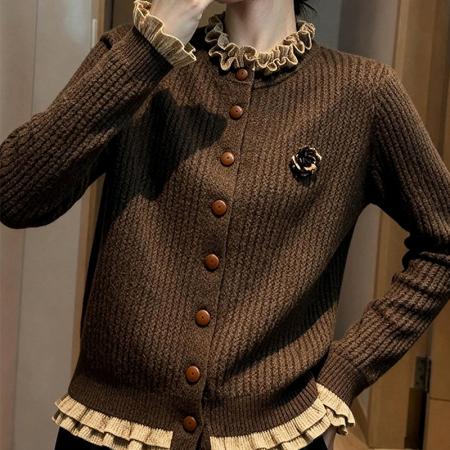 FA51567# 咖色木耳边针织开衫女士秋冬新款洋气显瘦内搭减龄上衣 服裝批發女裝批發服飾貨源