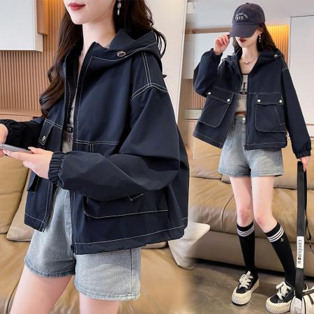 FA51568# 工装夹克外套女潮款长袖连帽双兜时尚百搭休闲洋气短外衣 服裝批發女裝批發服飾貨源