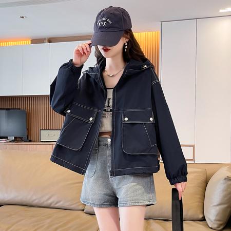 FA51568# 工装夹克外套女潮款长袖连帽双兜时尚百搭休闲洋气短外衣 服裝批發女裝批發服飾貨源