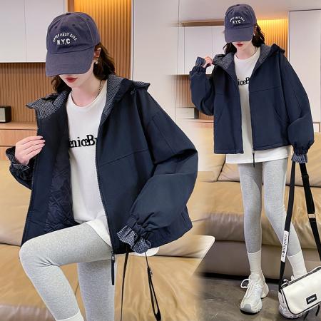 FA51569# 时尚连帽拼色棉服外套冲锋衣女新款宽松休闲小个子短款棉衣 服裝批發女裝批發服飾貨源