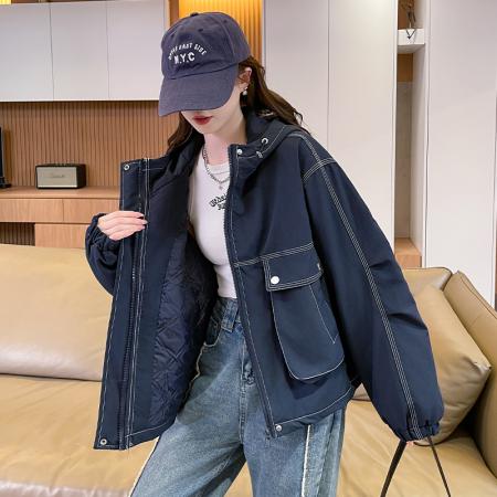 FA51571# 冬季新款潮流廓形外套显瘦明线冲锋衣女百搭连帽休闲棉衣 服裝批發女裝批發服飾貨源