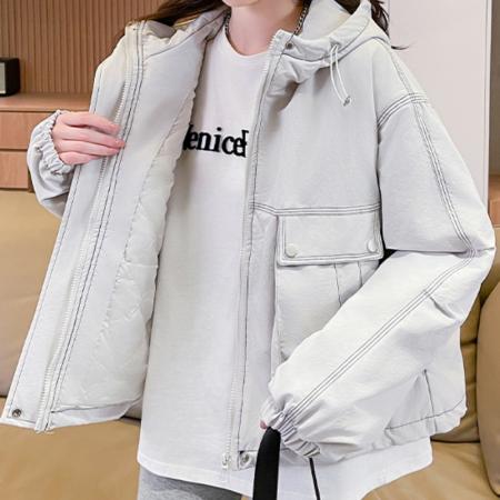 FA51571# 冬季新款潮流廓形外套显瘦明线冲锋衣女百搭连帽休闲棉衣 服裝批發女裝批發服飾貨源