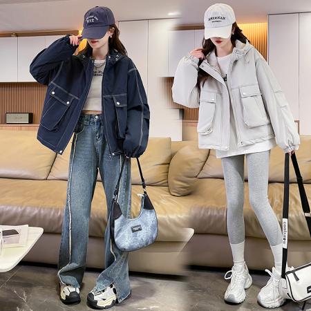 FA51571# 冬季新款潮流廓形外套显瘦明线冲锋衣女百搭连帽休闲棉衣 服裝批發女裝批發服飾貨源