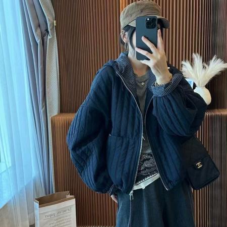 FA51573# 欧货撞色薄款连帽棉衣短外套女秋季新款宽松休闲棉服夹克上衣 服裝批發女裝批發服飾貨源