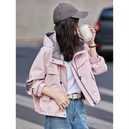 FA51575# 新款时尚连帽拼色外套女春秋新款宽松休闲小个子短款风衣夹克 服裝批發女裝批發服飾貨源