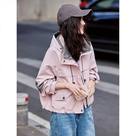 FA51575# 新款时尚连帽拼色外套女春秋新款宽松休闲小个子短款风衣夹克 服裝批發女裝批發服飾貨源